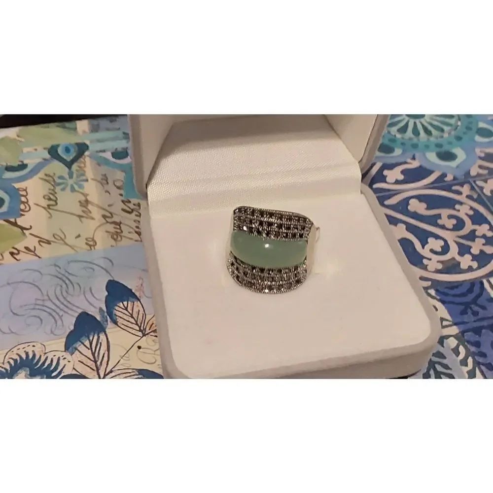 Sparkling Genuine Marcasite & Green Jade Gemstone Wide Band Ring Sz 9
